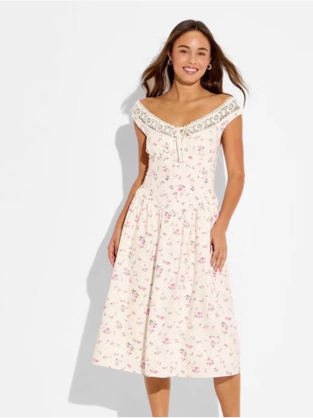 wild fable Cream Floral Lace-Trimmed Chemise with Pink Rose Print